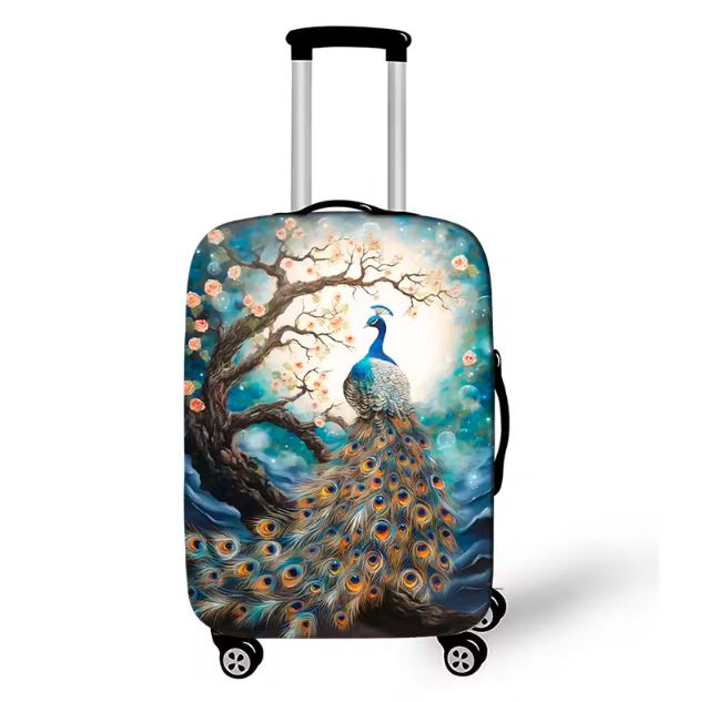 reusable peacock luggage cover on bag